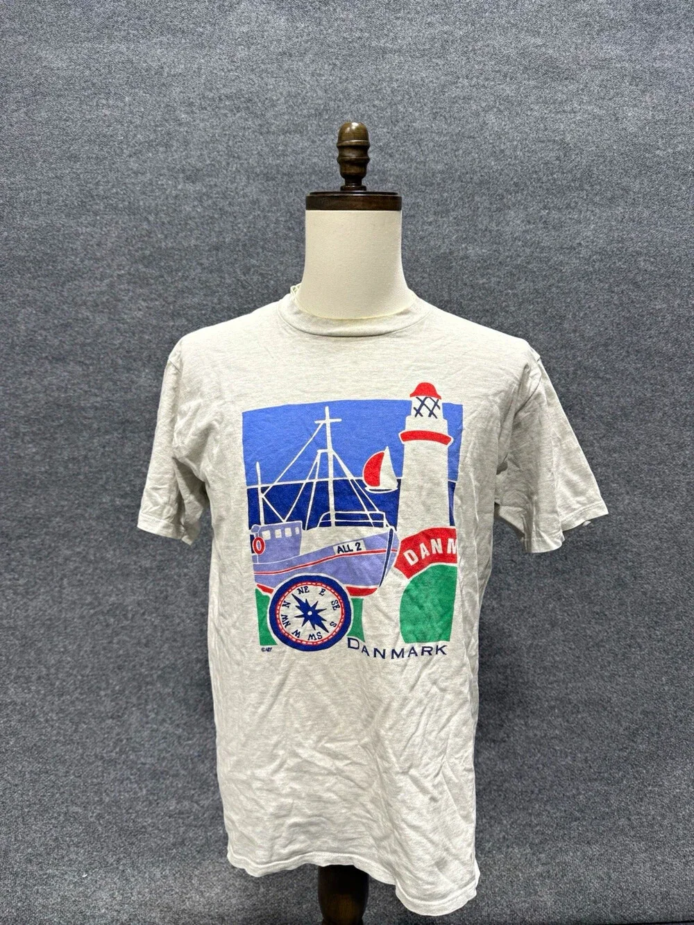 Vintage 90s Denmark T Shirt Mens L Lighthouse Fishing Boat Nautical Graphic Tee